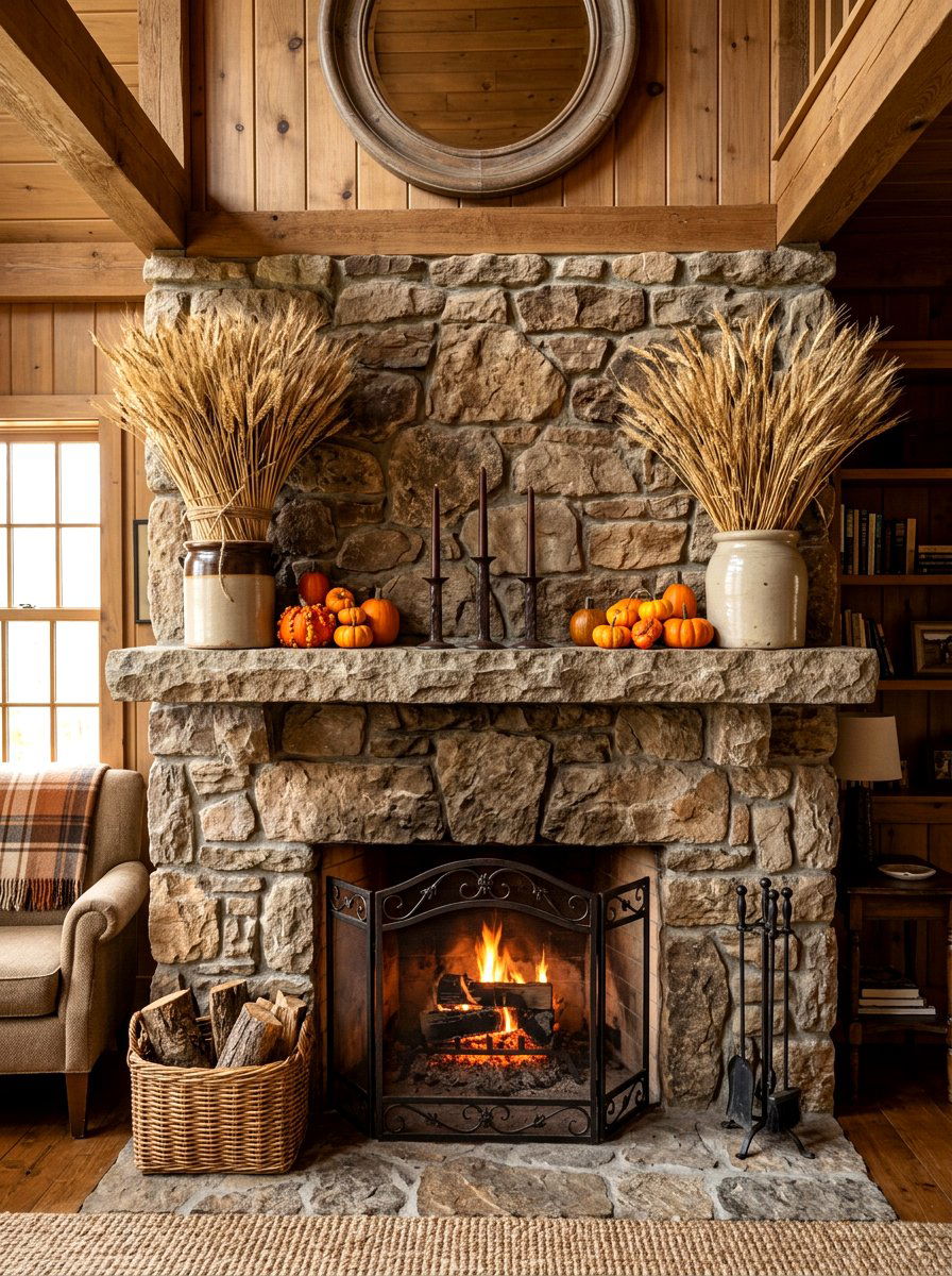 Dried Wheat Bundle Arrangement - 30 fall mantel layering ideas