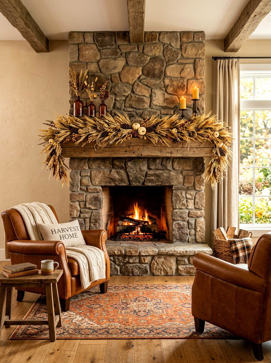 Dried Wheat Mantel Garland - 30 fall mantel styling ideas