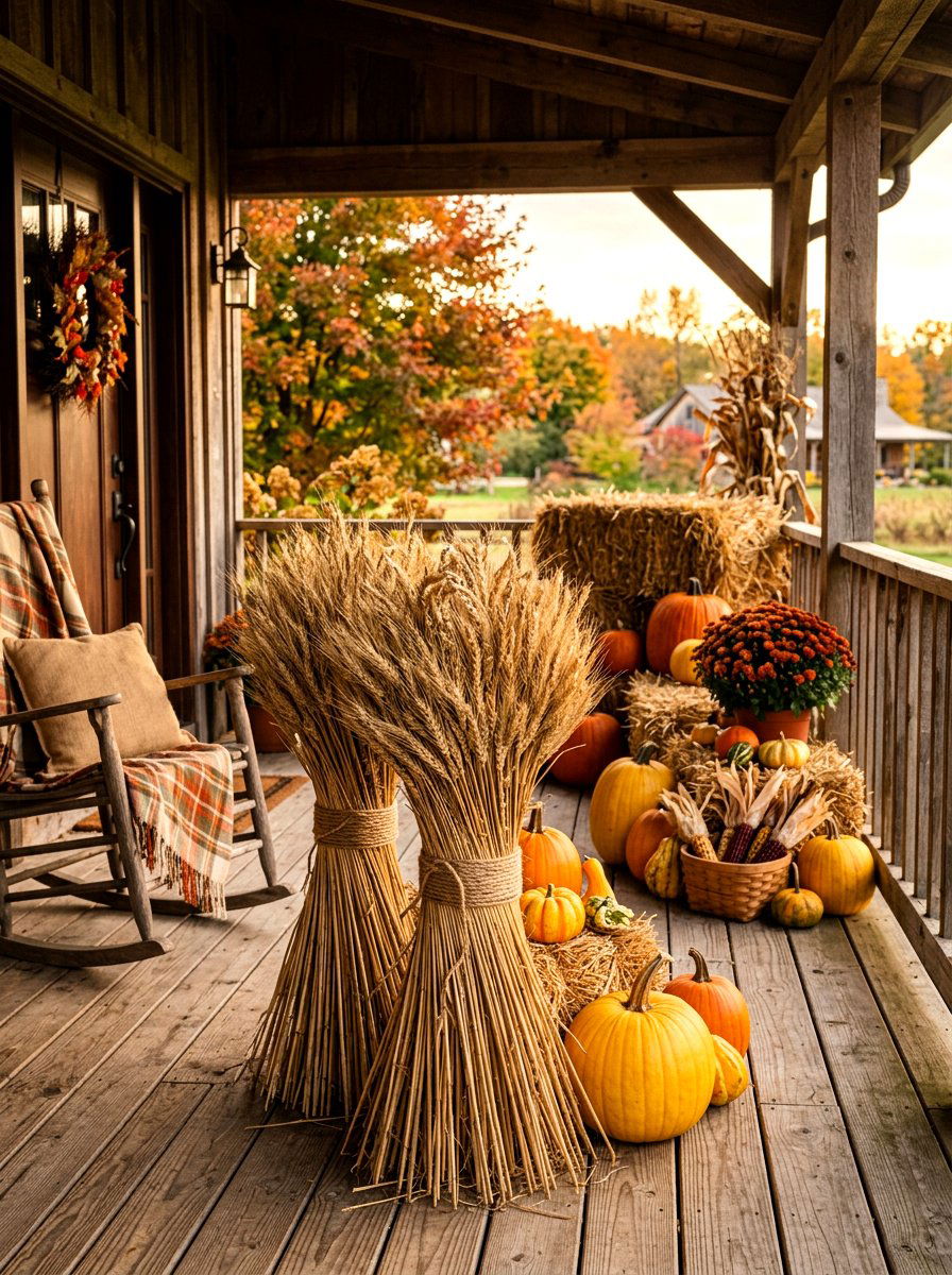Dried Wheat Stalk Porch - 30 natural autumn porch ideas
