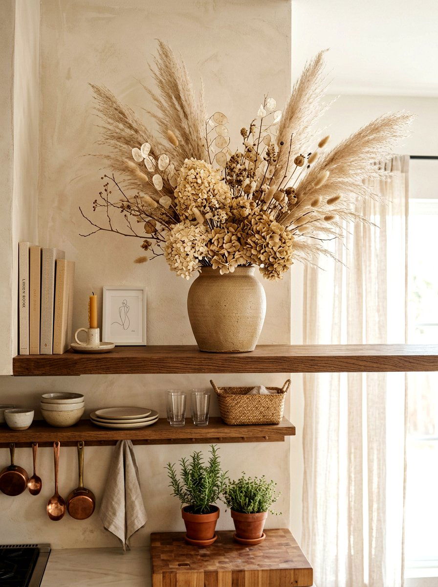 Dried floral kitchen arrangement - 30 fall kitchen shelf decor ideas