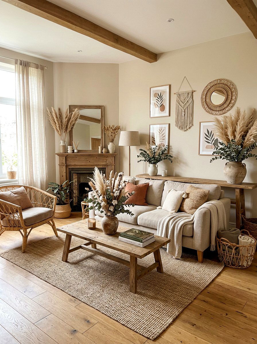 Dried floral living room - 30 earth tone living space ideas
