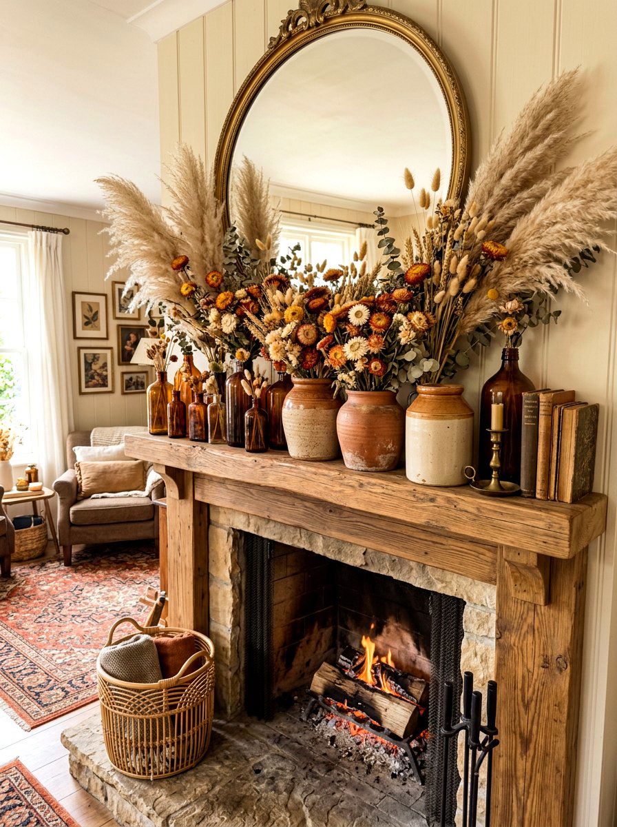 Dried floral mantel - 30 spring mantel decor ideas
