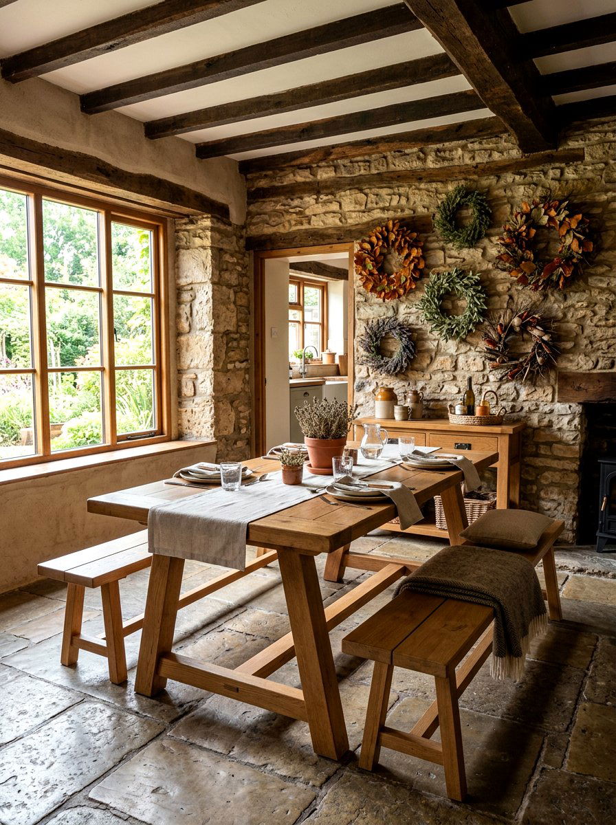 Dried garden wreaths on dining walls - 30 cabbagecore dining room ideas