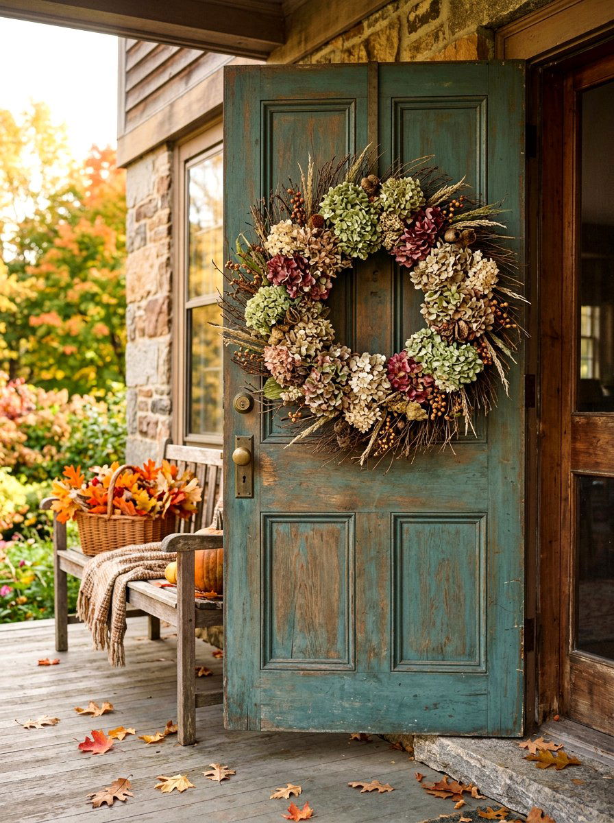 Dried hydrangea porch wreath - 30 hydrangea heavy front porch ideas