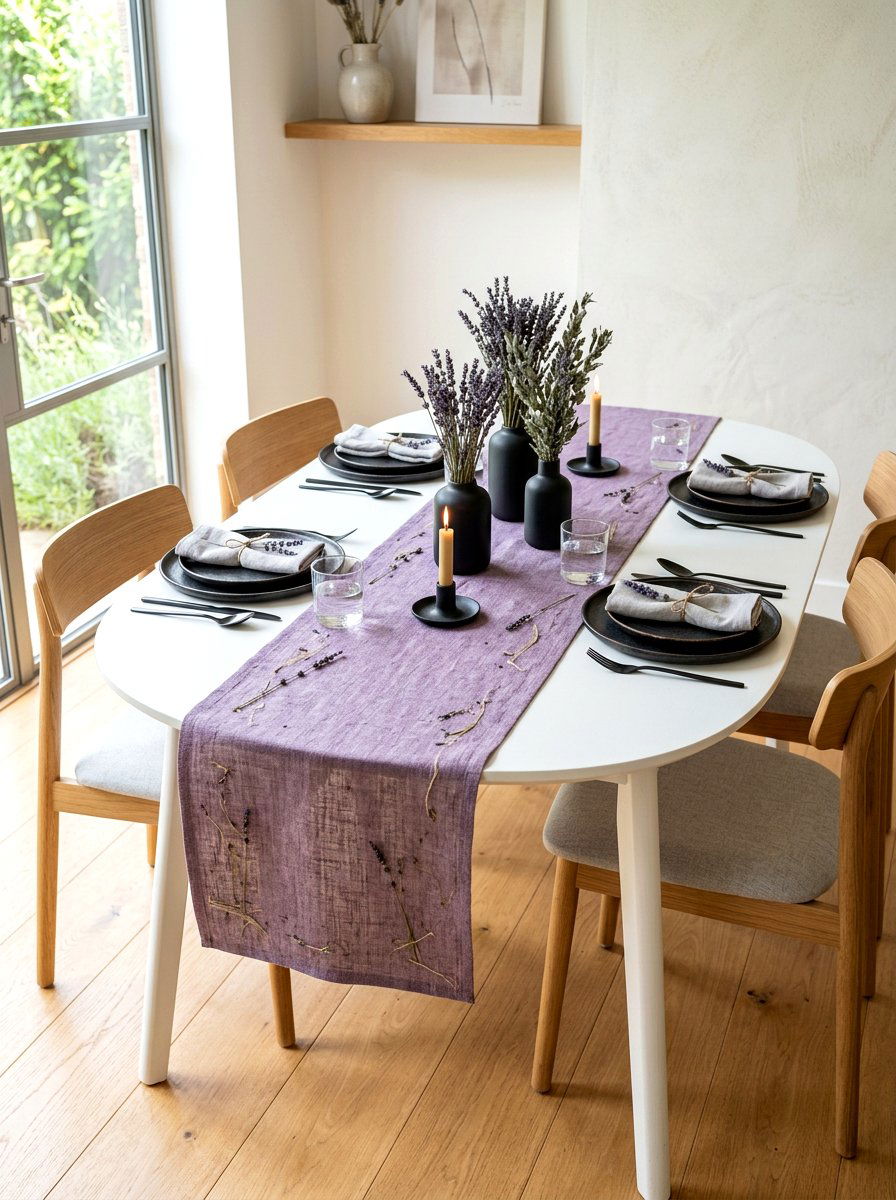 Dried lavender linen table runner - 30 floral table runner ideas