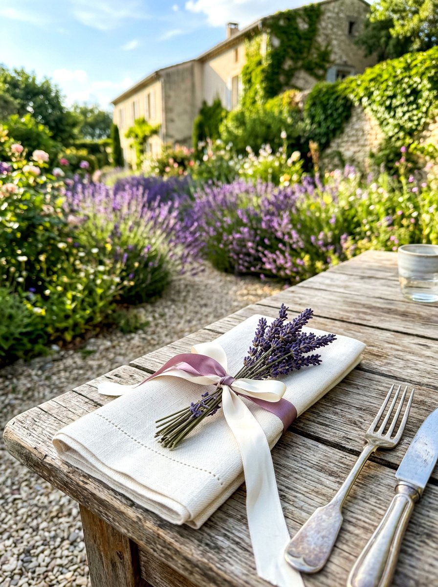 Dried lavender sprig napkin accent - 30 garden salad tablescape ideas