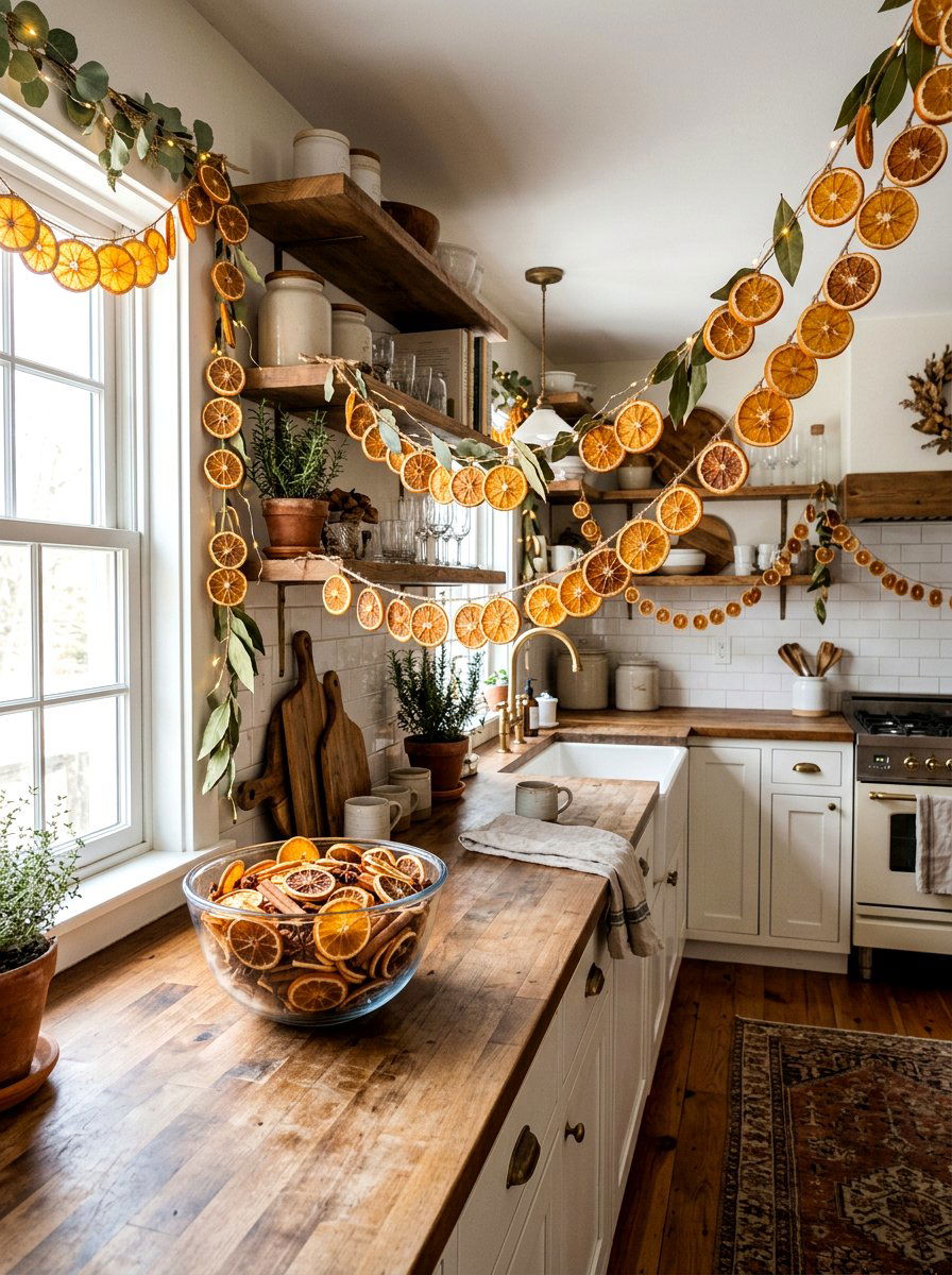 Dried orange slice decor - 30 fall kitchen shelf decor ideas