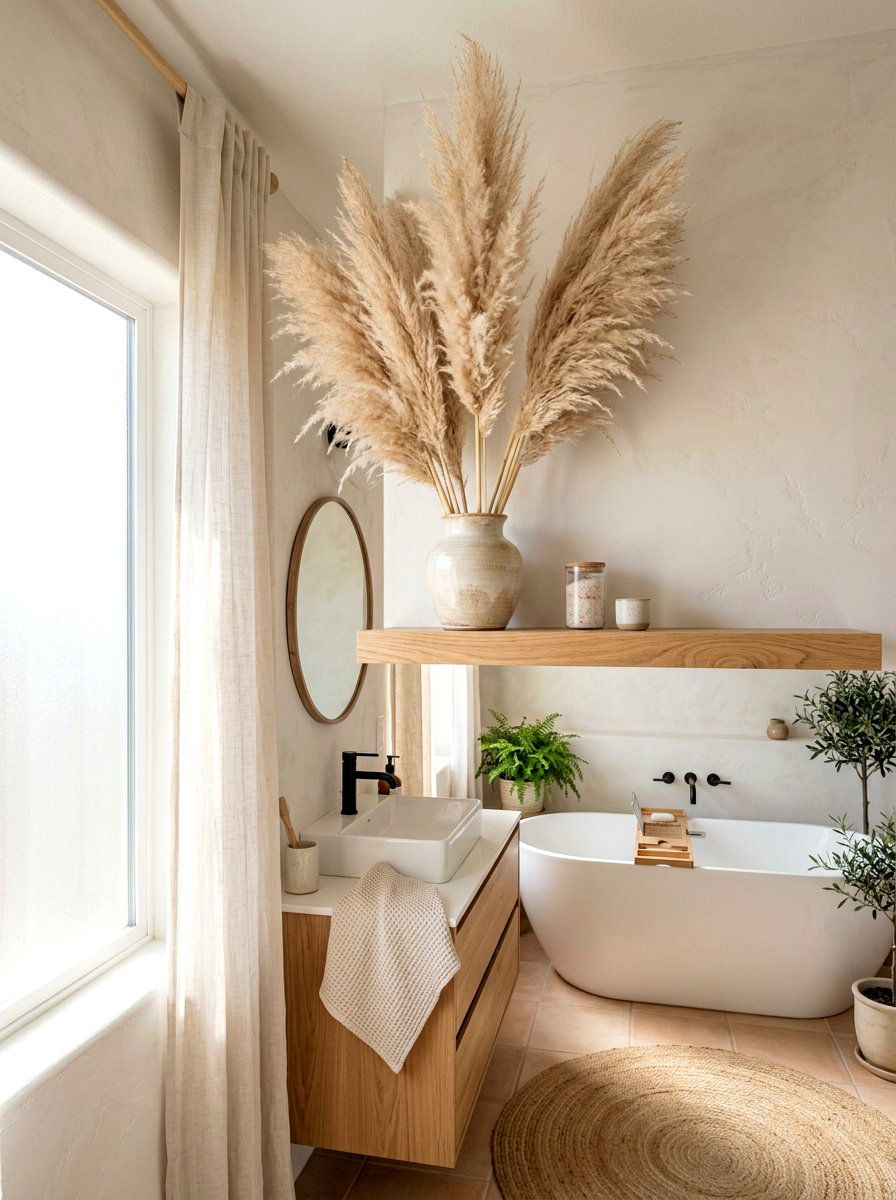 Dried pampas grass - 30 spa shelf styling bathroom ideas