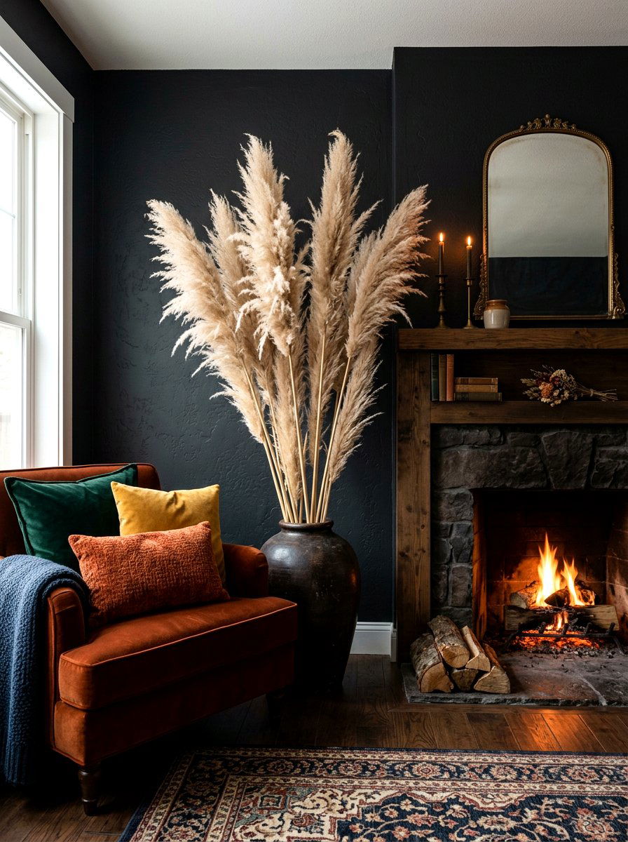 Dried pampas grass - 30 moody mantel fall ideas