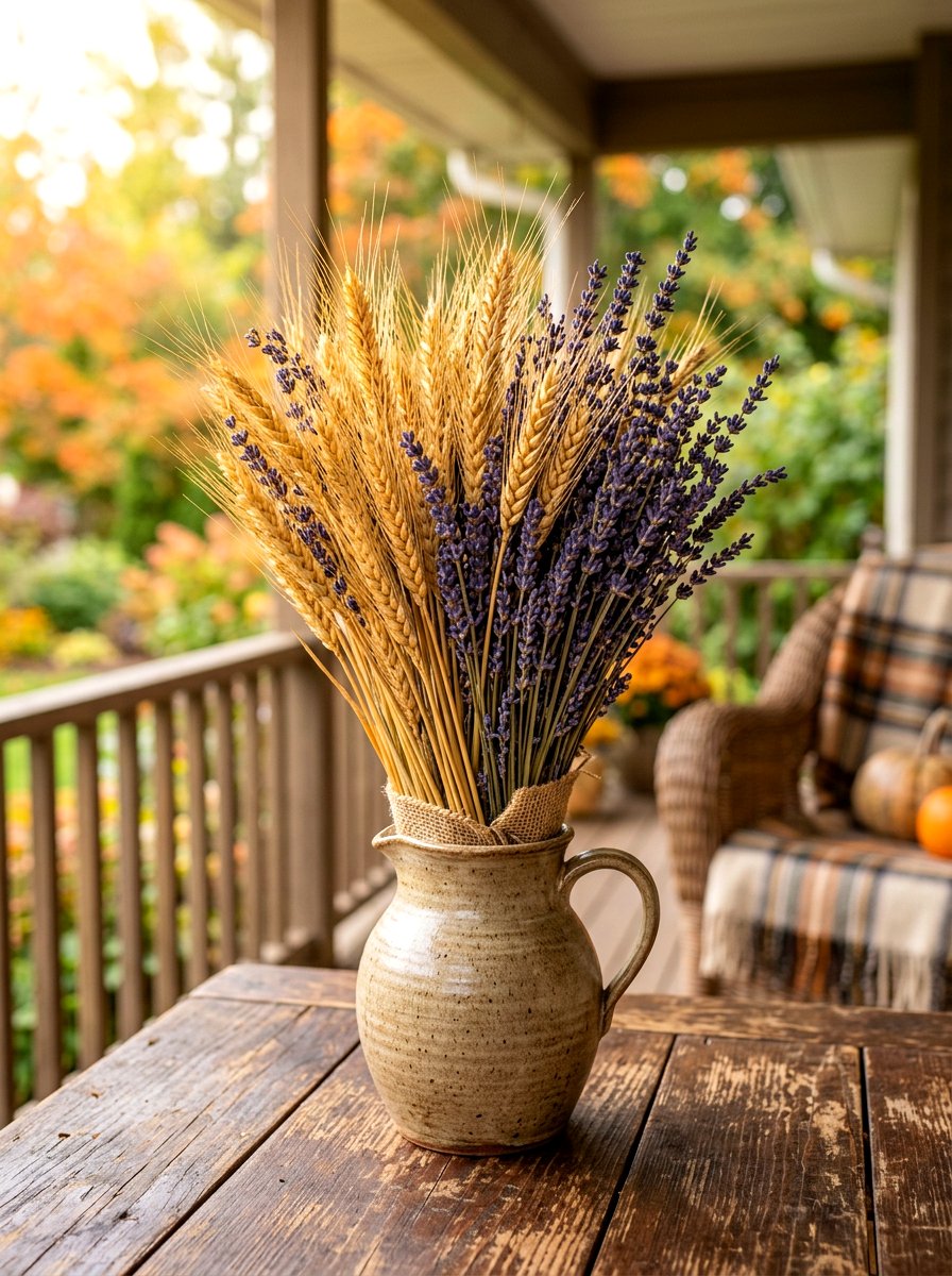 Dried wheat and lavender fall container - 30 autumn planter ideas