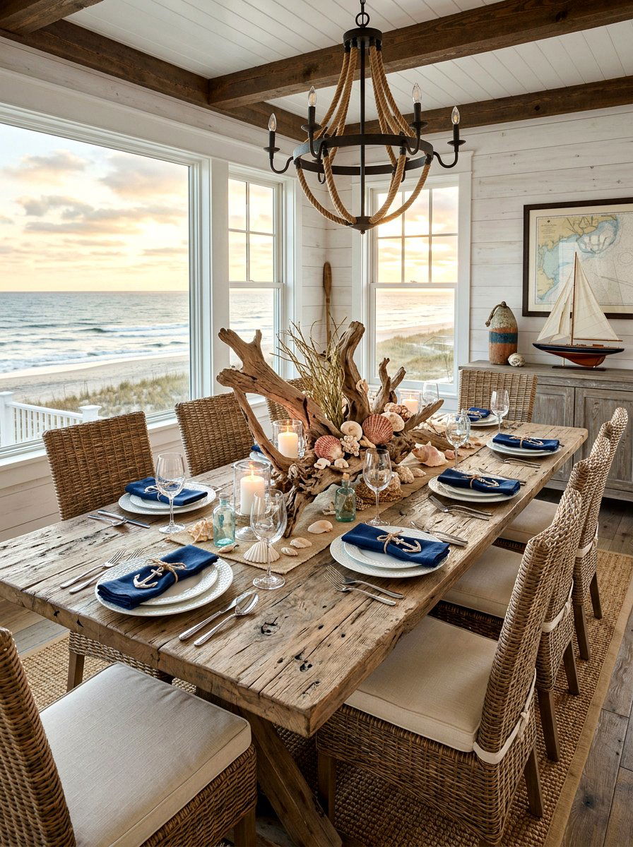 Driftwood Coastal Beach Table - 30 layered tablescape dining ideas