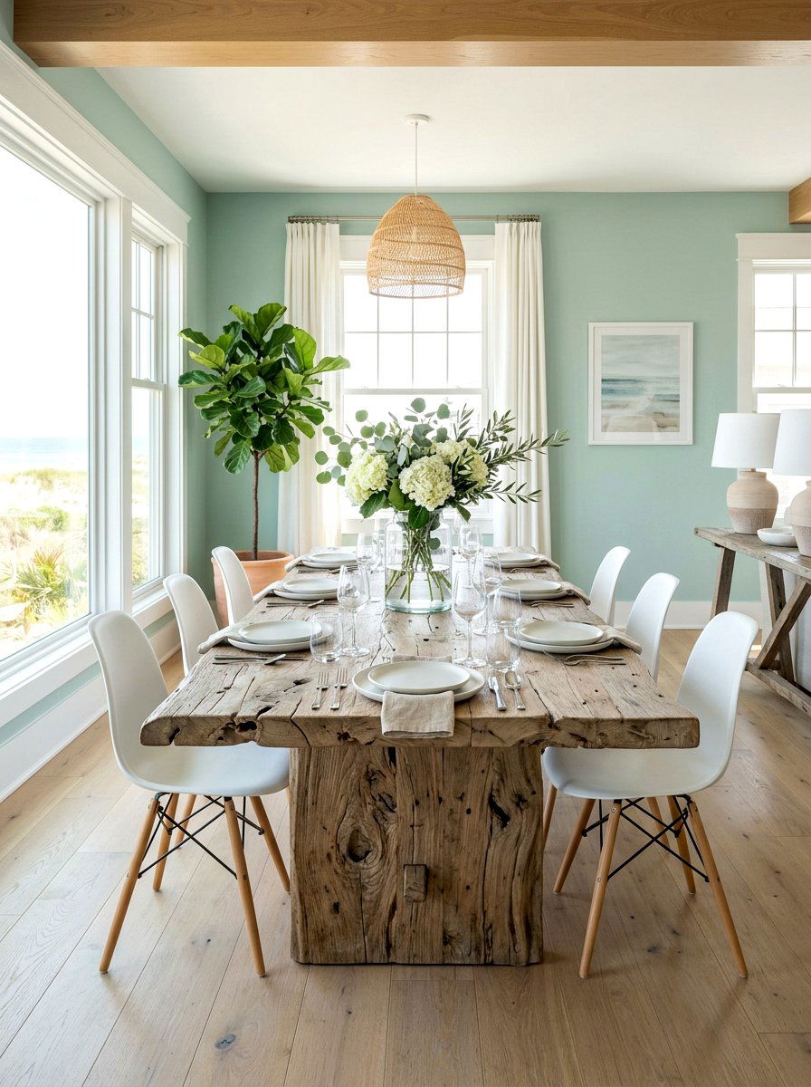 Driftwood Dining Table Setup - 30 coastal dining room ideas