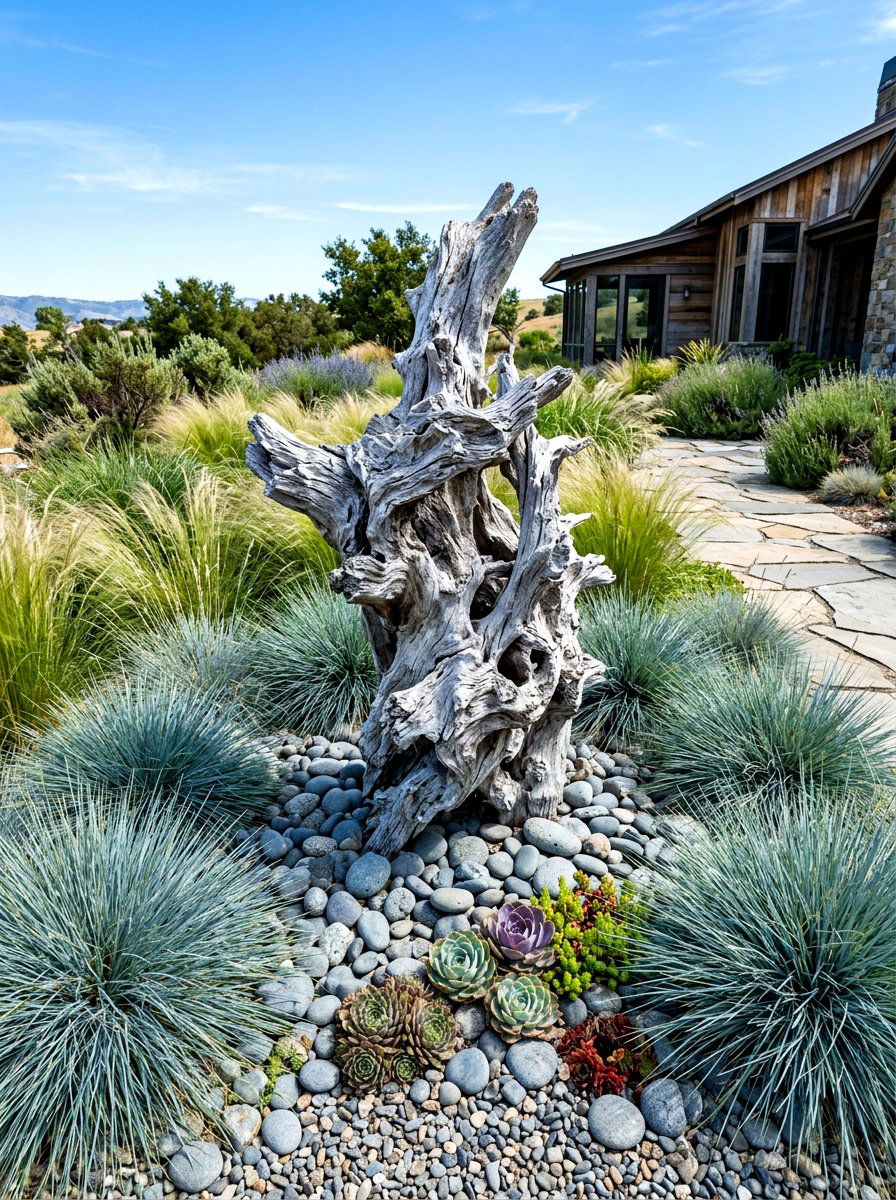 Driftwood Garden Sculpture - 30 budget garden ideas