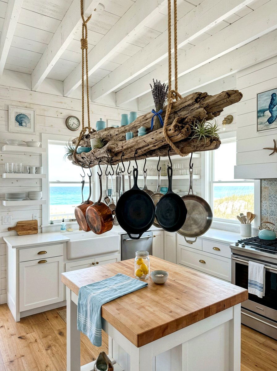 Driftwood Hanging Pot Rack - 30 hanging pot rack ideas