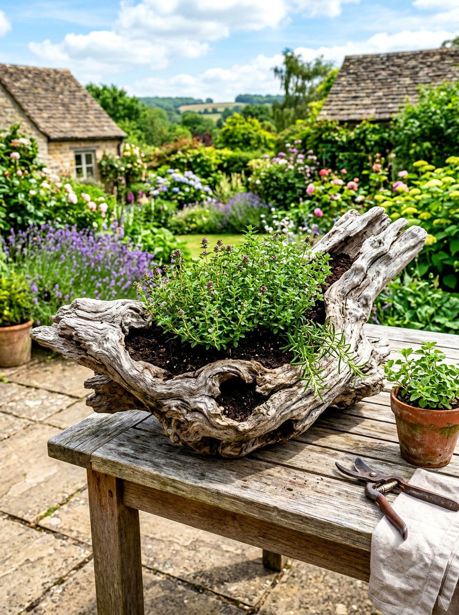 Driftwood Herb Planter - 30 rustic herb garden ideas