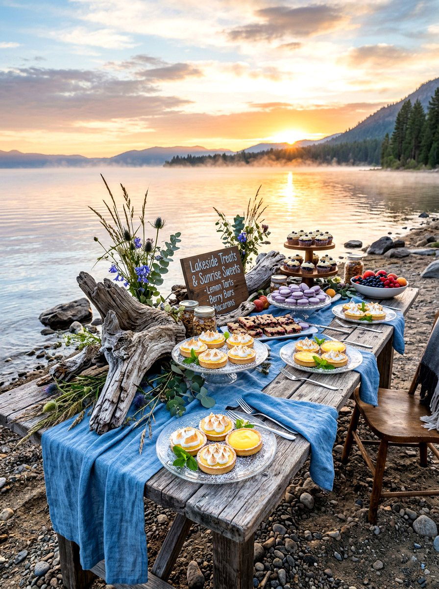 Driftwood Lakeside Dessert Table - 30 outdoor dessert station ideas