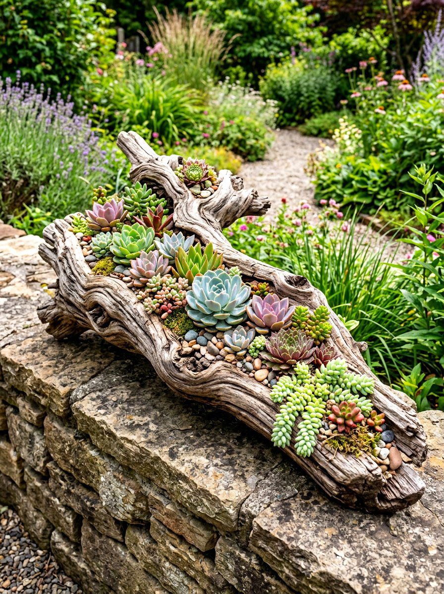 Driftwood Succulent Garden - 30 rustic container garden ideas