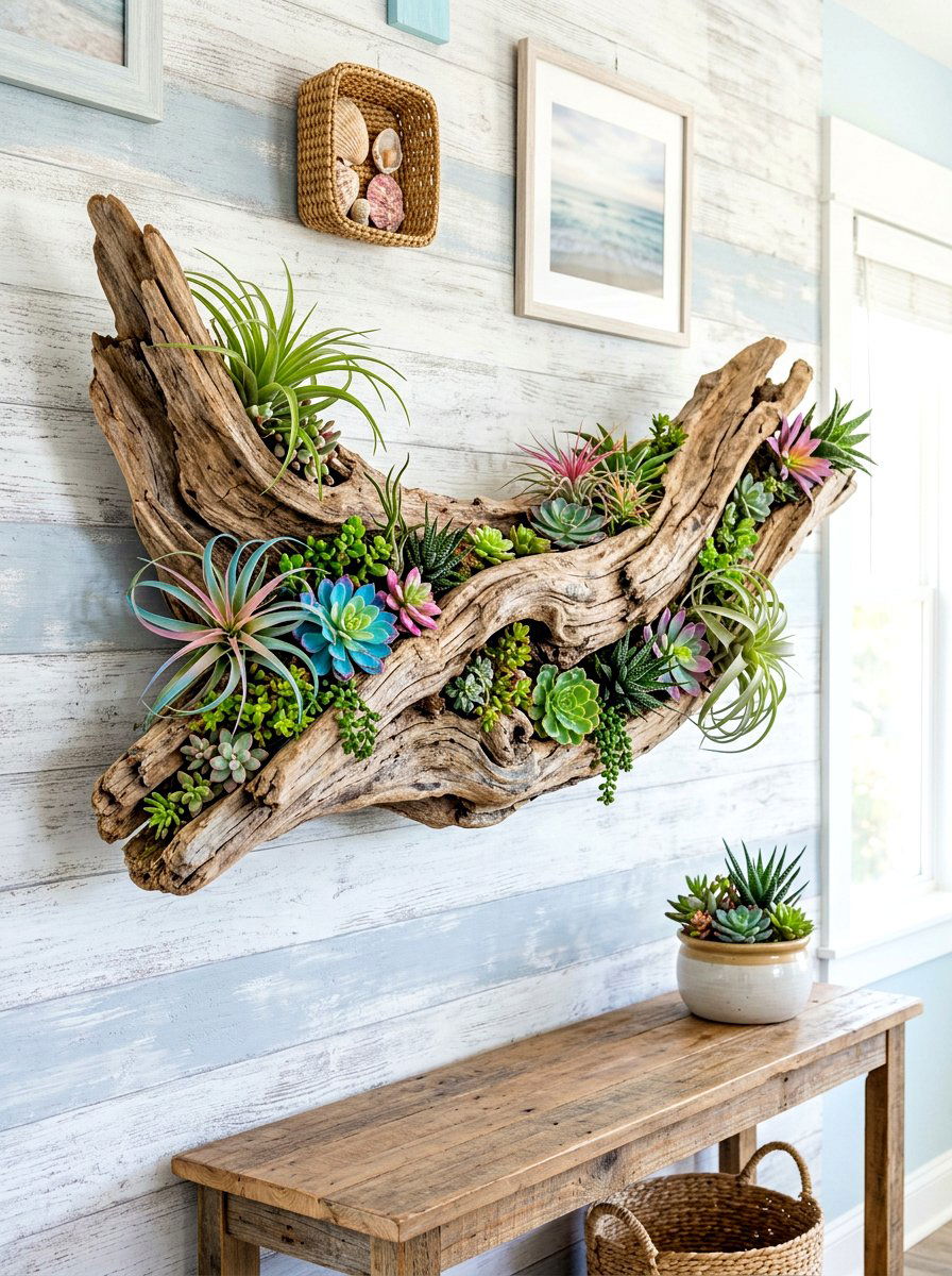 Driftwood Succulent Wall Art - 30 vertical succulent garden ideas