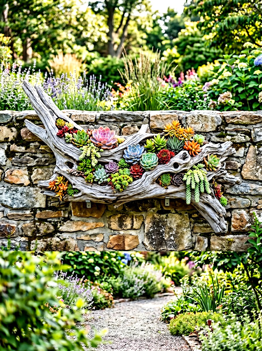 Driftwood Succulent Wall Art - 30 rustic vertical garden ideas