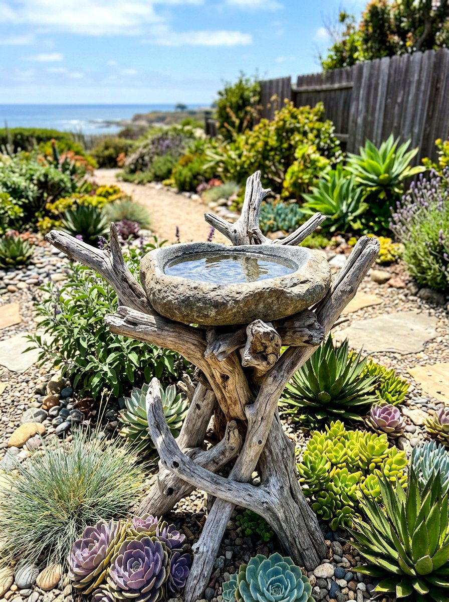 Driftwood bird bath - 30 front yard bird bath ideas