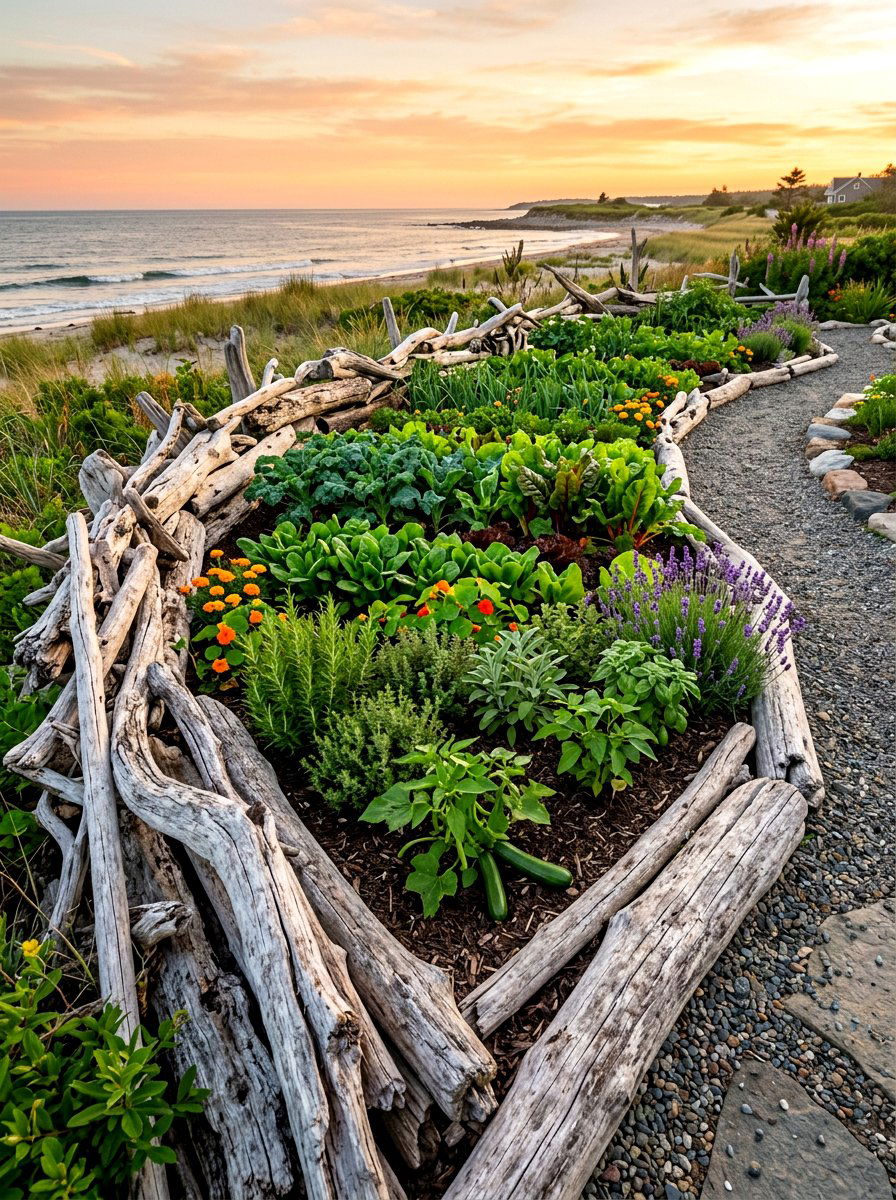 Driftwood garden edge - 30 vegetable garden border ideas
