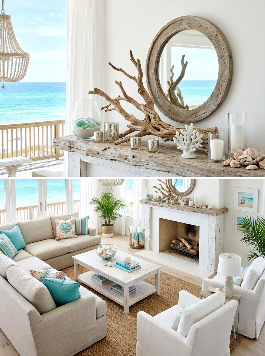 Driftwood mantel centerpiece - 30 mantel shelfie ideas