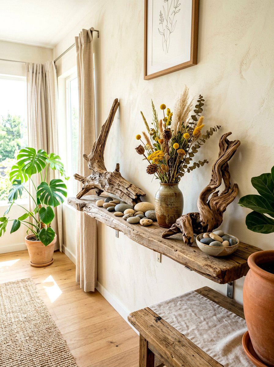 Driftwood shelf display - 30 summer shelf decor ideas