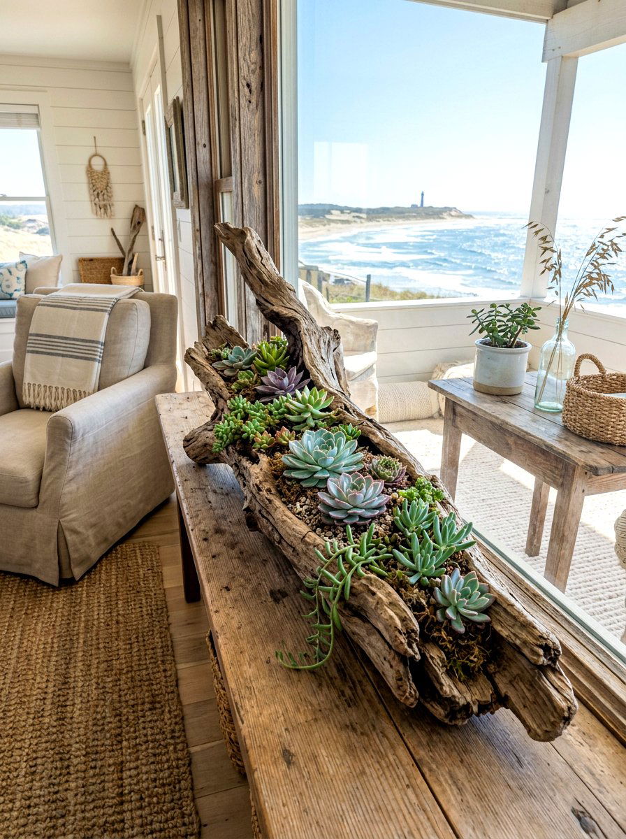 Driftwood succulent art - 30 succulent windowsill ideas