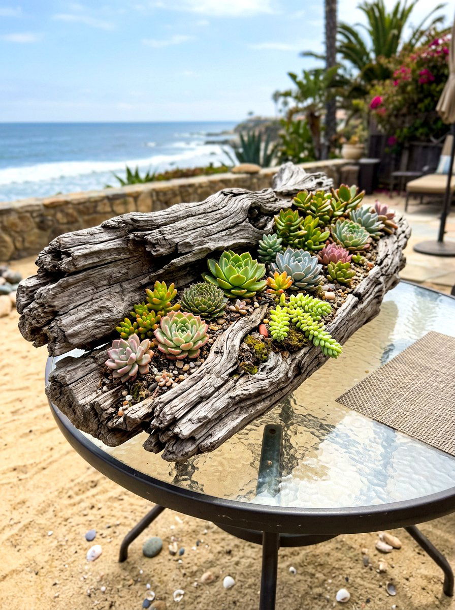 Driftwood succulent display - 30 flower container garden ideas