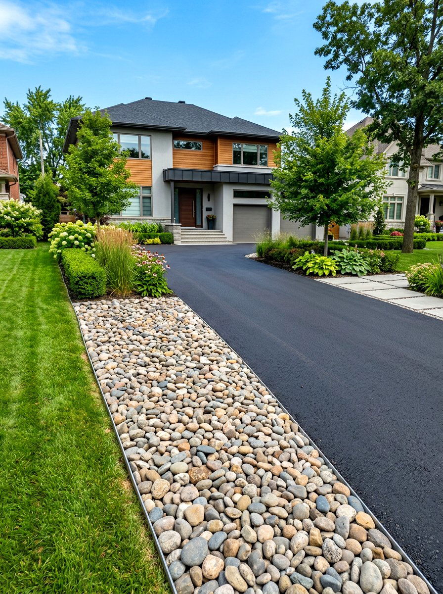 Driveway Stone Border - 30 river rock landscaping ideas