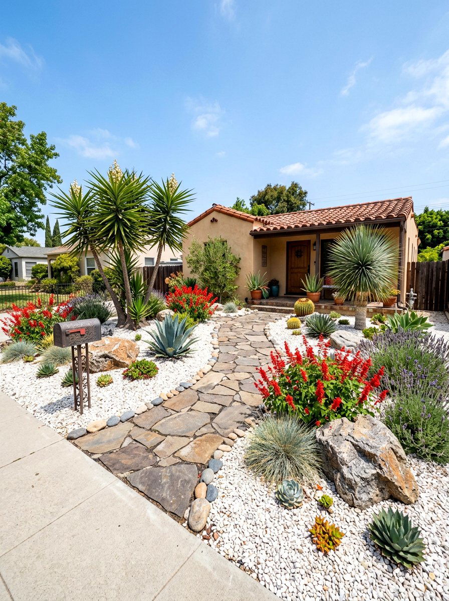 Drought Tolerant Front Yard - 30 white gravel front yard ideas