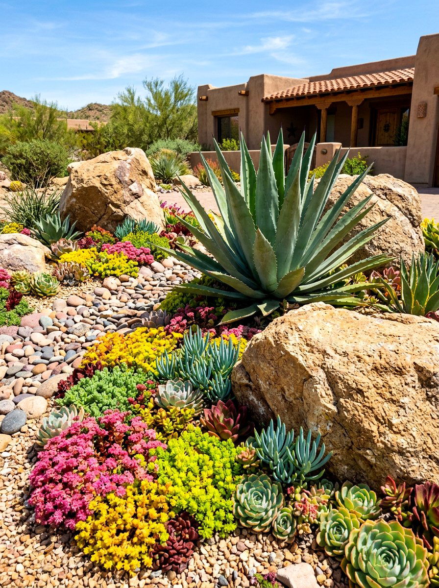 Drought Tolerant Rock and Succulent Designs - 30 foundation flower bed ideas