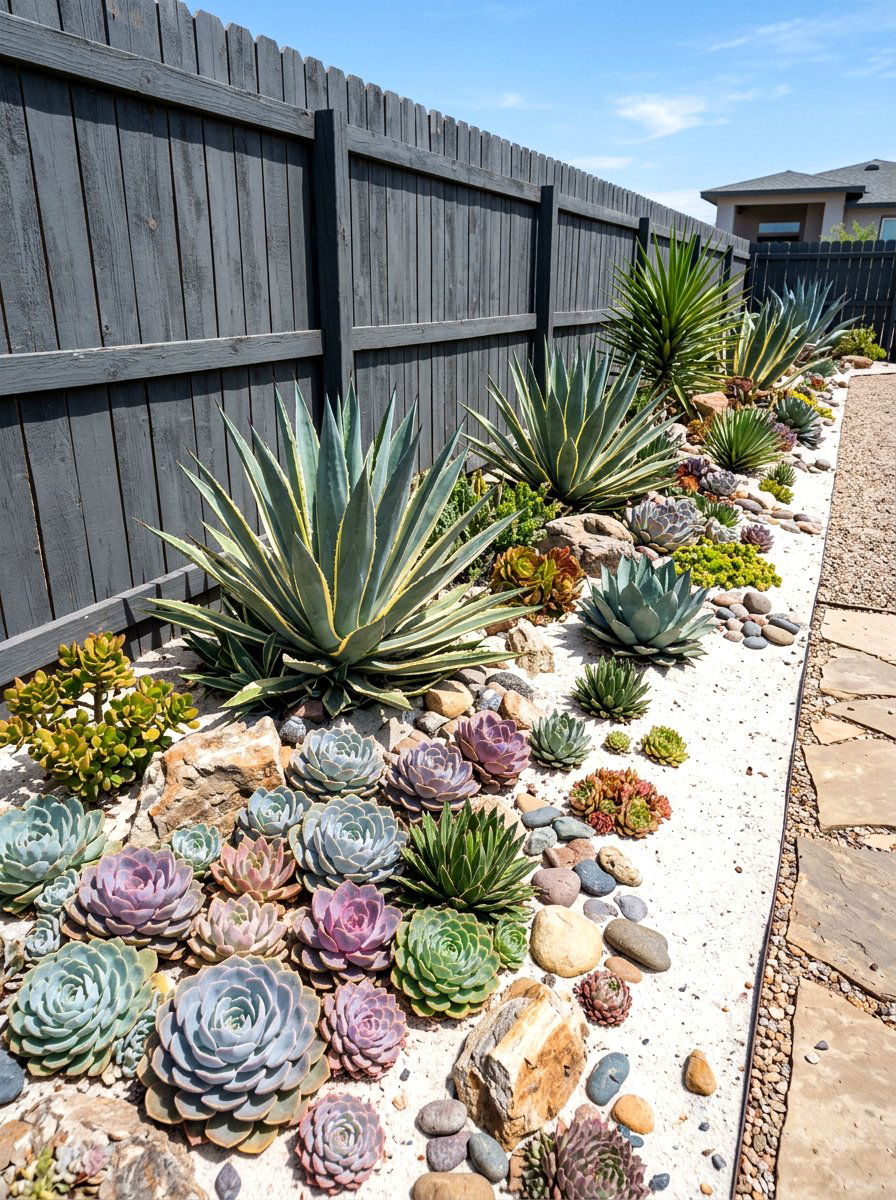 Drought Tolerant Succulent Bed - 30 fence line flower bed ideas