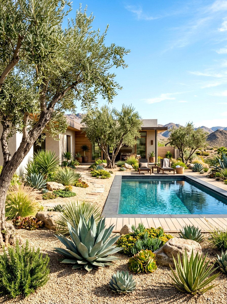Drought tolerant poolside plants and olive trees - 30 poolside olive trees ideas