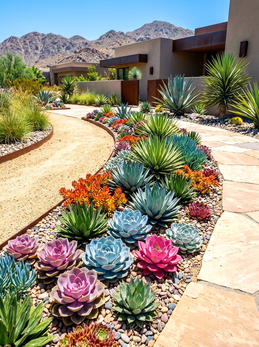 Drought tolerant succulent border - 30 small front garden border ideas