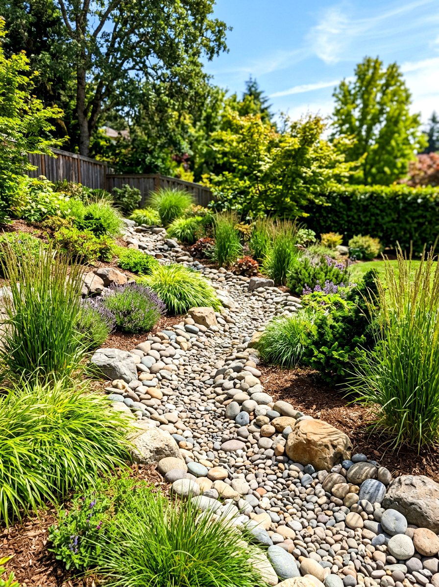 Dry Creek Bed - 30 low maintenance backyard landscaping ideas