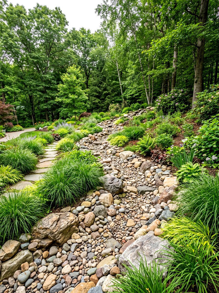 Dry Creek Bed - 30 pebble garden ideas