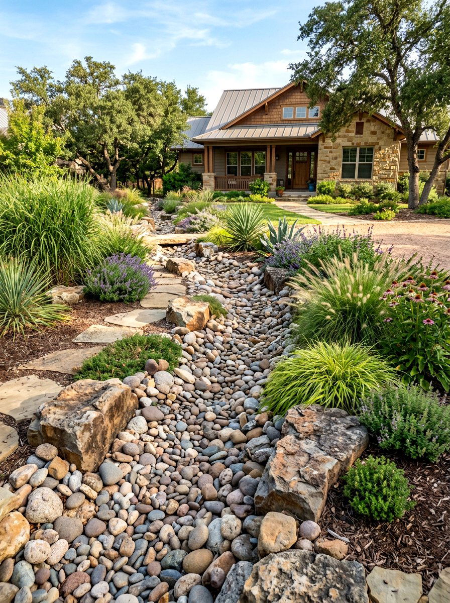 Dry Creek Bed - 30 xeriscape front yard ideas