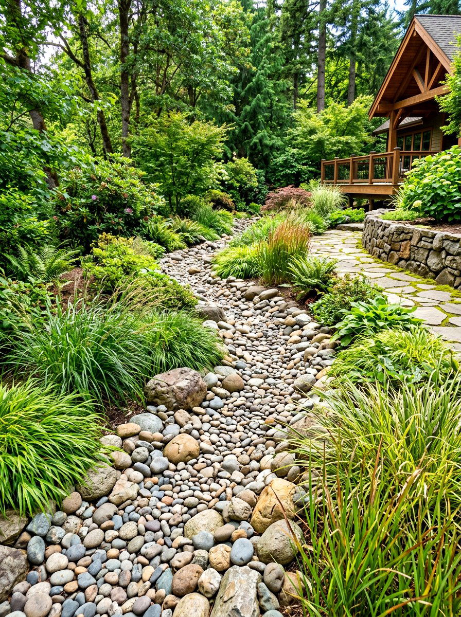 Dry creek bed - 30 cabin backyard landscaping ideas