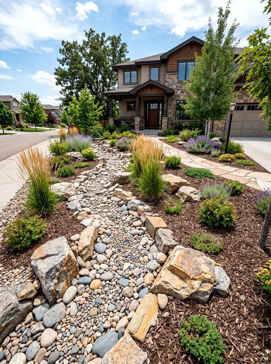 Dry creek bed - 30 low maintenance front yard ideas