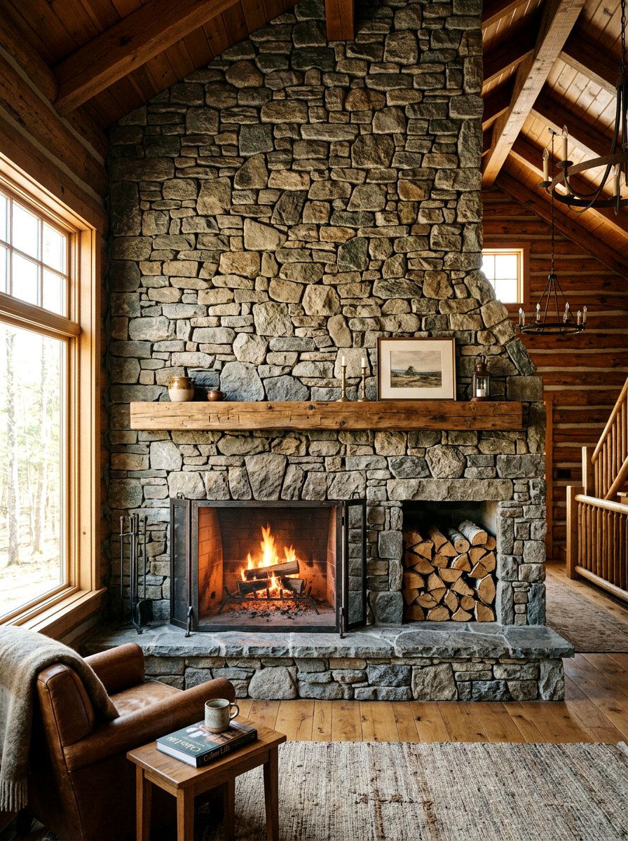 Dry stack stone fireplace - 30 stone fireplace ideas