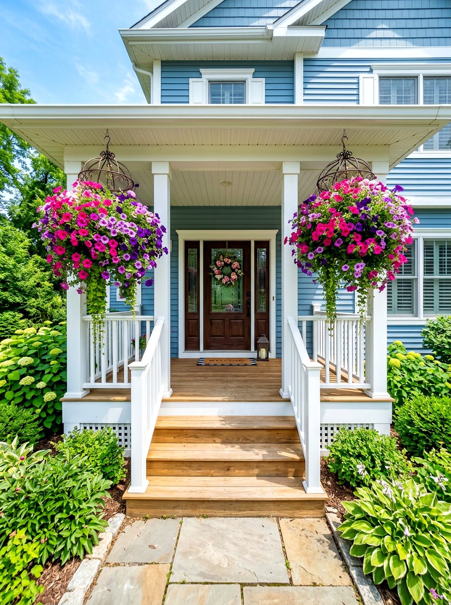 Dual Hanging Baskets - 30 front porch symmetry ideas