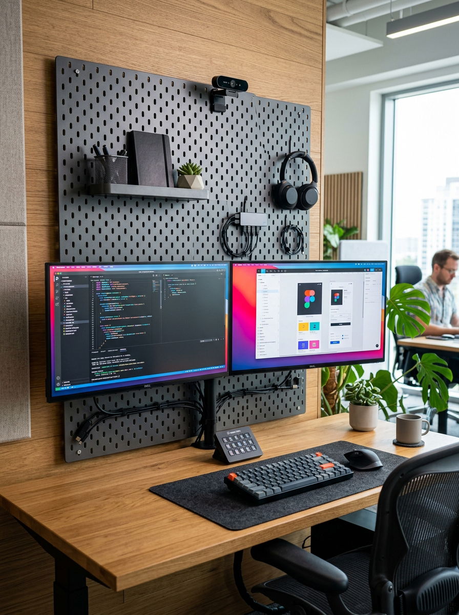 Dual Monitor Pegboard - 30 office pegboard ideas