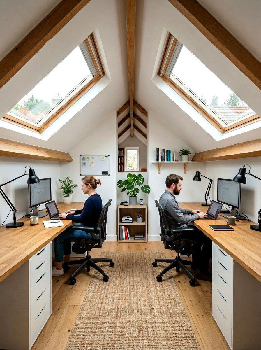 Dual Person Attic Office - 30 sloped ceiling office ideas