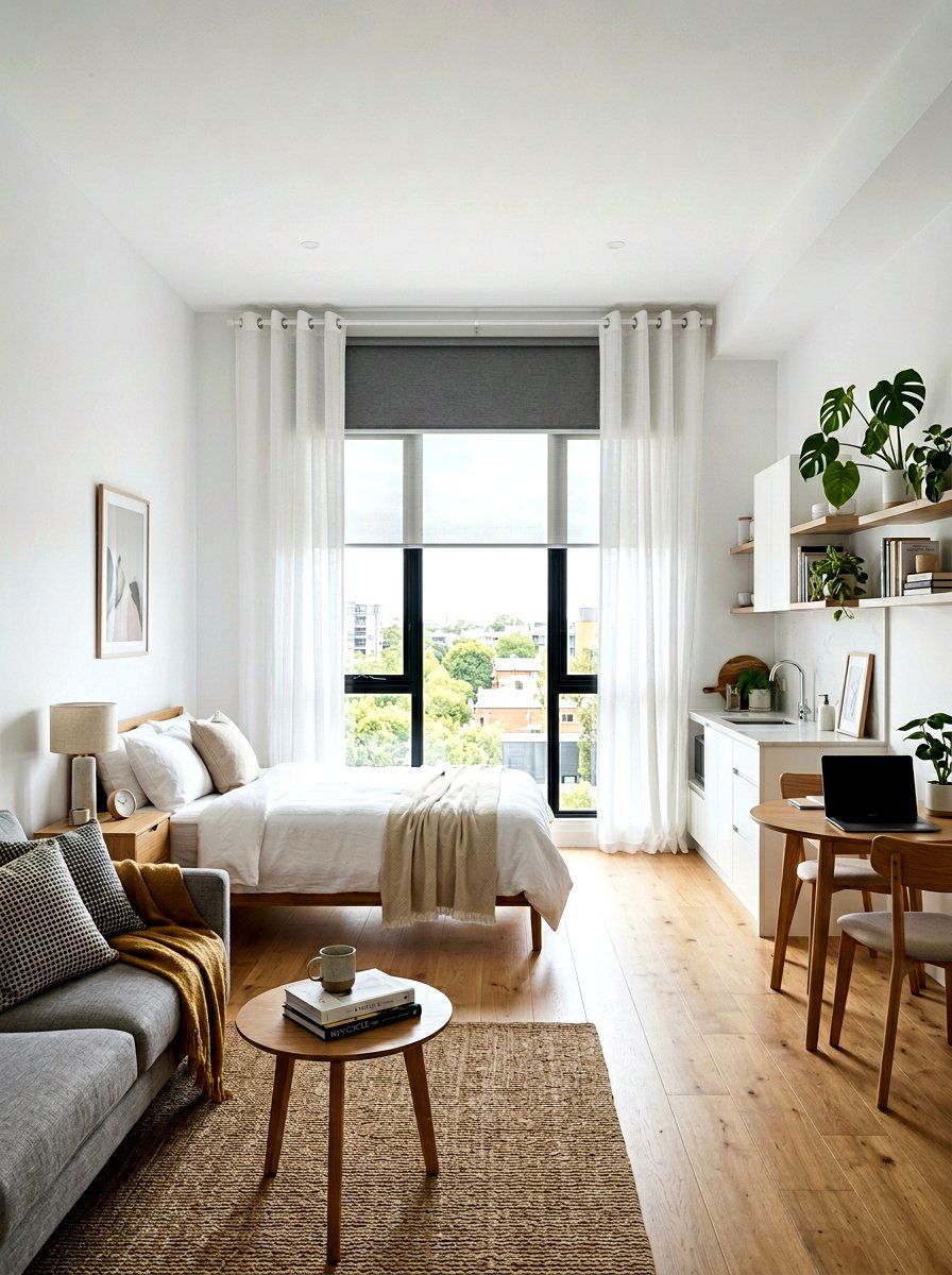 Dual Roller Blind With Grommet Curtains - 30 blind and curtain combo ideas