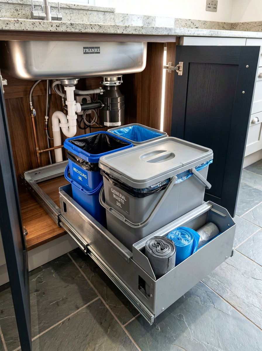 Dual Slide Out Trash System - 30 under sink kitchen organization ideas