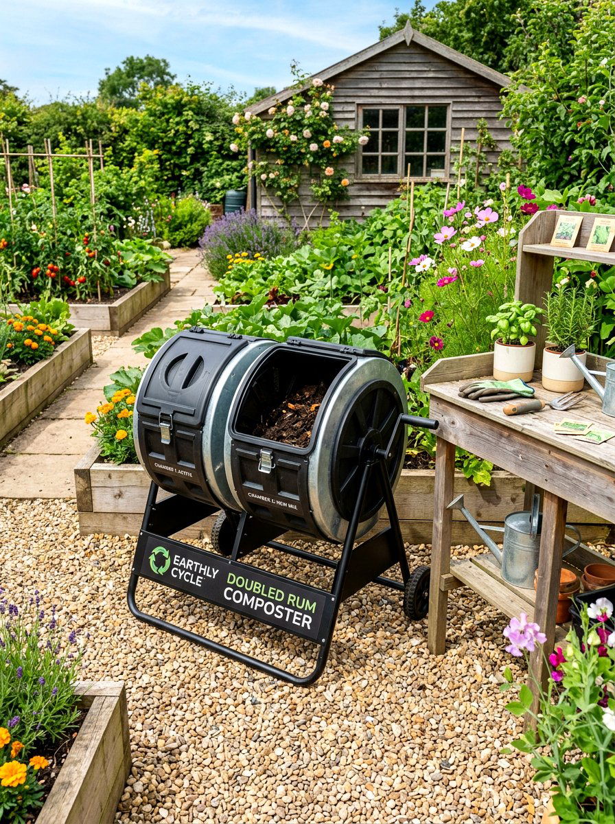 Dual chamber compost tumbler - 30 compost corner garden ideas