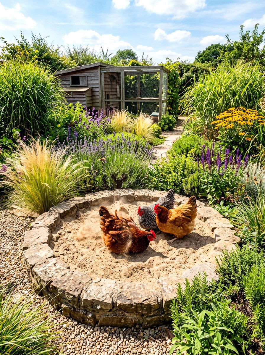 Dust bath area in chicken garden - 30 backyard coop garden ideas