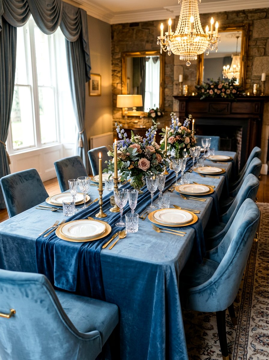 Dusty Blue Velvet Table - 30 blue and white table decor ideas