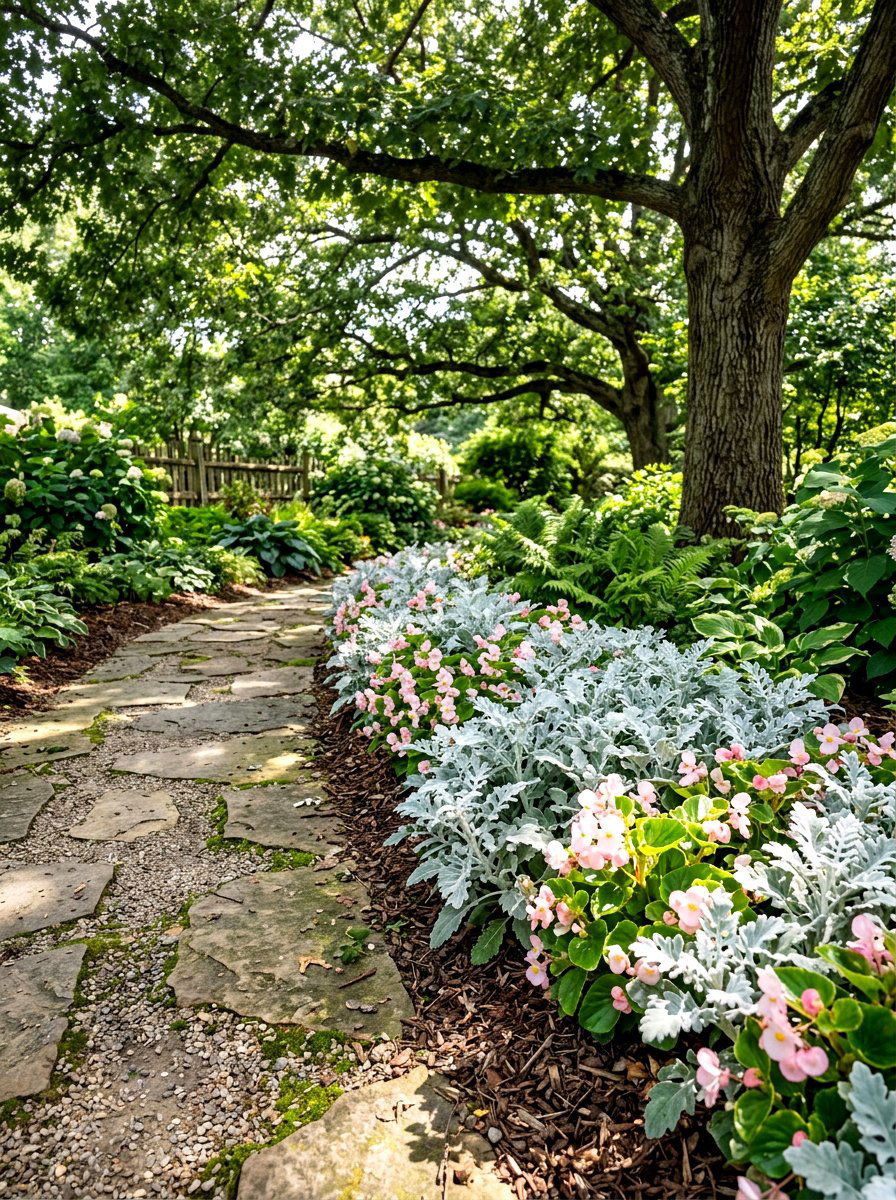 Dusty Miller Pink Begonia Edge - 30 pastel flower bed ideas